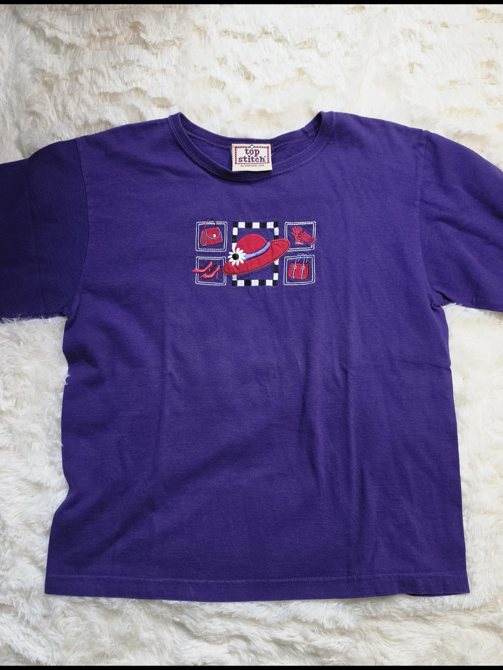 Vintage Purple Red Hat Society Embroidered Top Stitch Tee Cottagecore Size Small